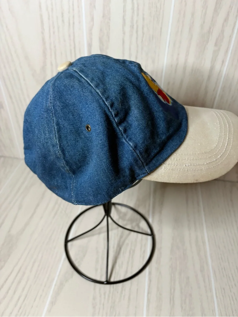 VINTAGE Winnie The Pooh Hat Blue Denim Cap Stretch Back 90s Disney Retro